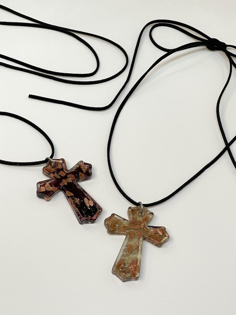 Big Cross Necklace Leather Black Suede Cord Glass Cross Etsy