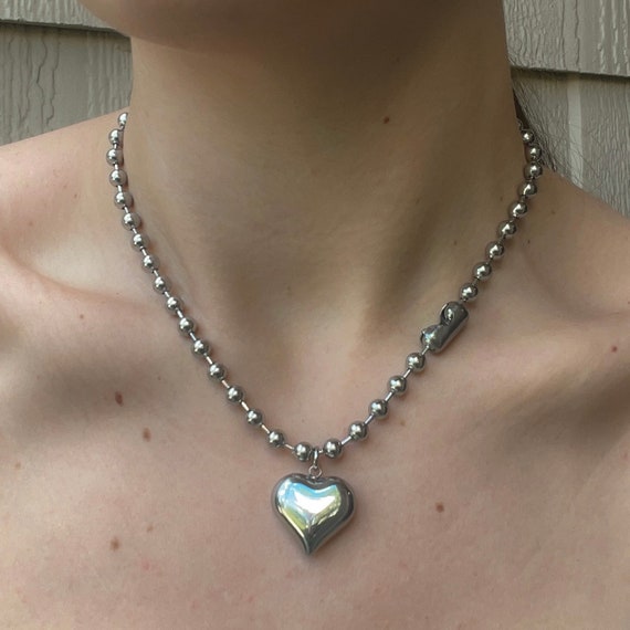 ★PEARLY MORE★ Romantic Heart Ball Chain Choker Necklace Chunky Heart Necklace / Stainless Steel Ball Chain / Silver
