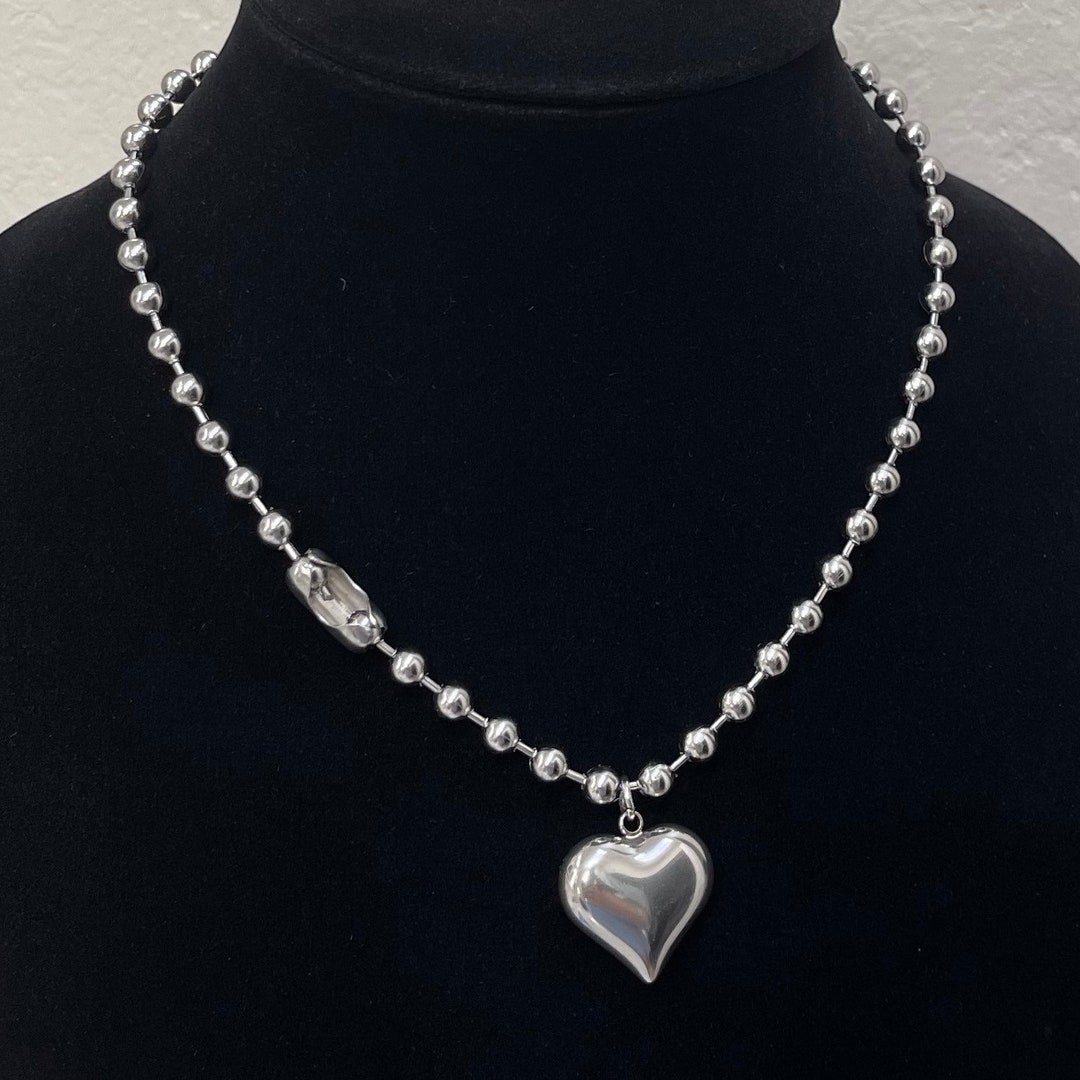 Silver Puffy Heart Ball Chain Stainless Steel Heart Pendant Necklace ...