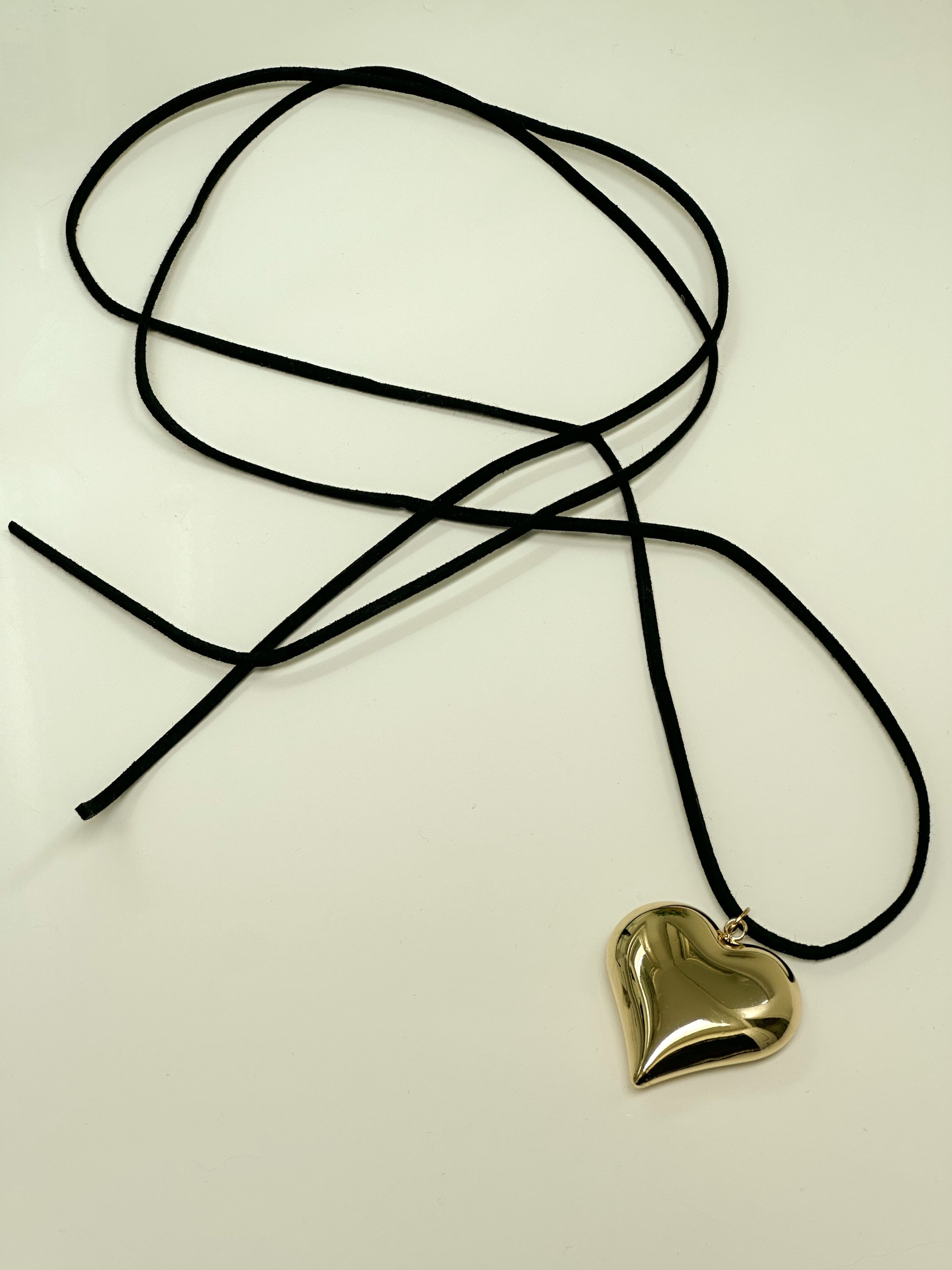 Big Gold Puffy Heart Leather Black Cord Necklace String Puffed Bubble Heart Stainless Steel Chunky Jewelry Wrap Choker Keachains Amore Cord