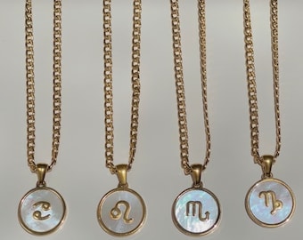 Zodiac Necklace 18k Gold Filled Cuban Link Chain Natural Shell Zodiac Sign Pendant Birthday Gift Birth Sign Jewelry Waterproof Handmade