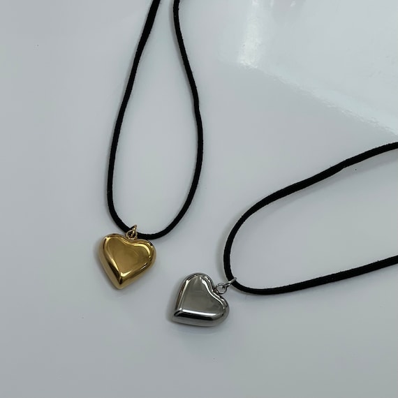 Puffy Heart Necklace - Gold/Black