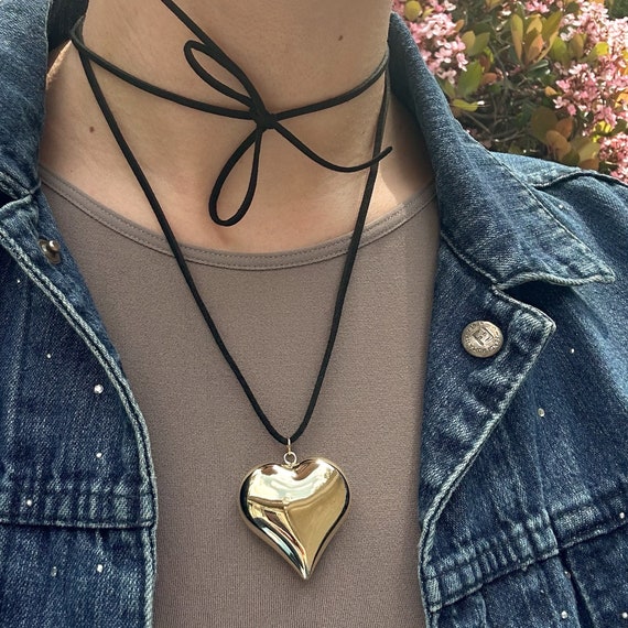 Big Gold Puffy Heart Leather Black Cord Necklace String Puffed Bubble Heart Stainless Steel Chunky Jewelry Wrap Choker Keachains Amore Cord