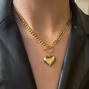 Gold Puffed Heart Pendant Toggle Necklace Chunky Jewelry Statement 3D Pearl Handmade Unisex Customizable Gift Puffy Heart Unisex Jewelry