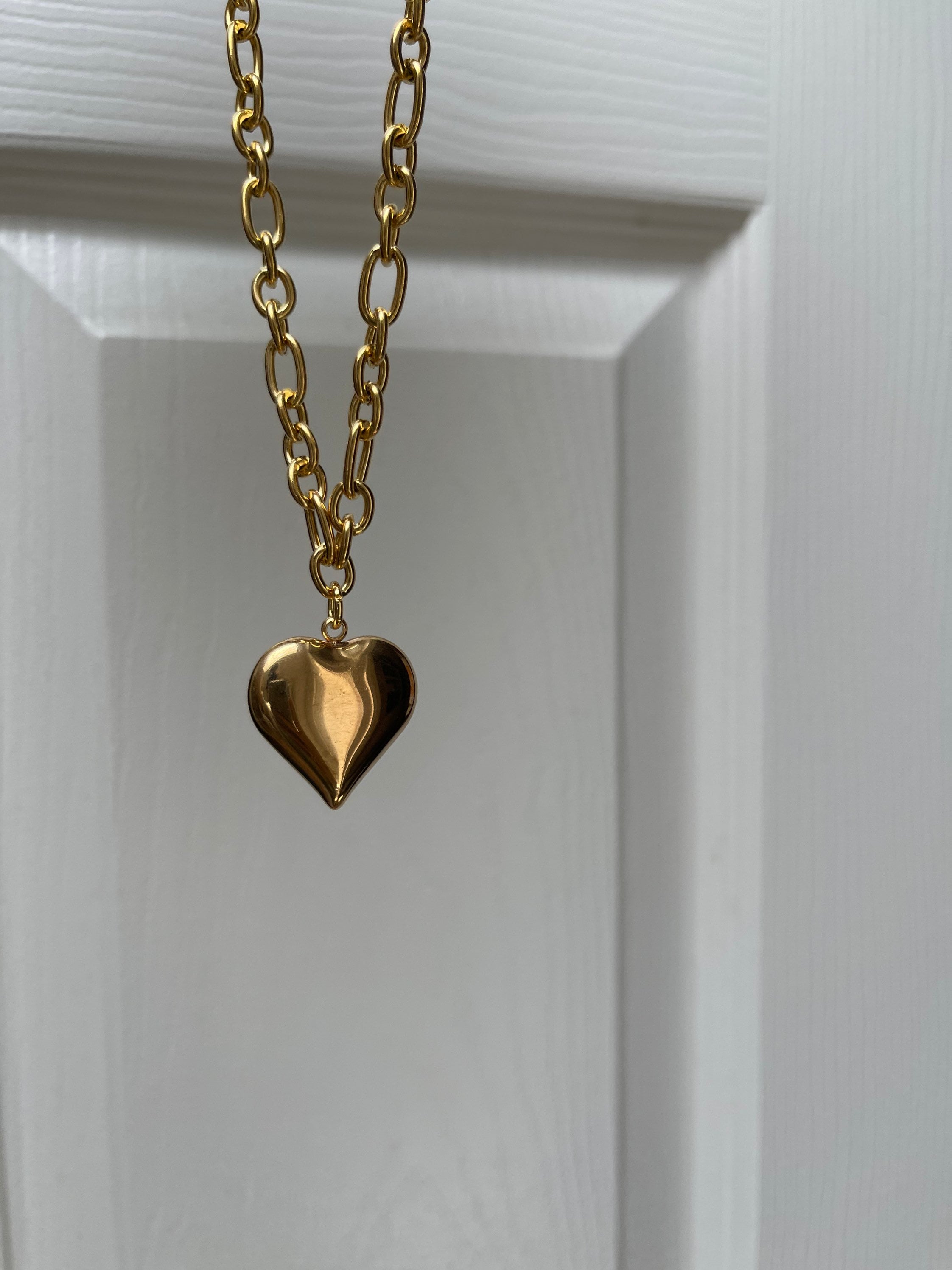 Gold Puffed Hollow Heart Pendant Necklace Chunky Jewelry