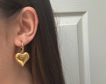 Puffed Heart Hoop Drop Earrings Gold Silver Hoops Heart Earrings Waterproof Stainless Steel Handmade Customized Gift Minimalist Y2K Stella
