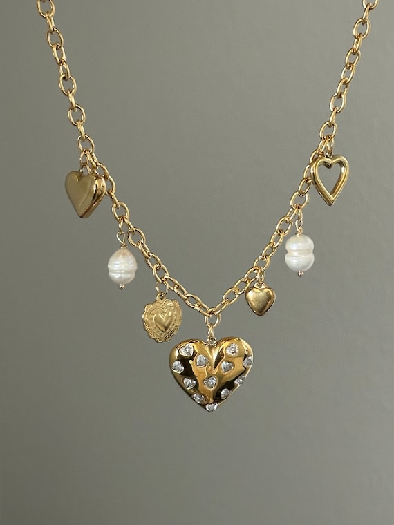 Heart Charm Necklace Stainless Steel Puffed Heart Lock Key