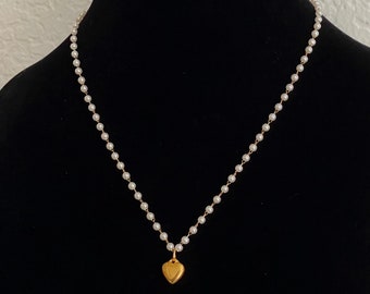 Valentine Dainty Faux Pearl 18k Gold Heart Pendant Necklace Tiny Heart Pearl Chain Customized Gift Tarnish Proof Handmade Unisex Jewelry