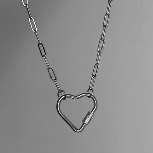 Heart Carabiner Paperclip Chain Link Necklace Silver Stainless Steel Heart Clasp Charm Choker Handmade Custom Gift Layer Jewelry Keachains