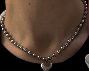 Silver Puffed Heart Ball Chain Stainless Steel Heart Pendant Necklace Chrome Y2K Style Unisex Bubble Blob Jewelry 3D Balloon Heart Keachains