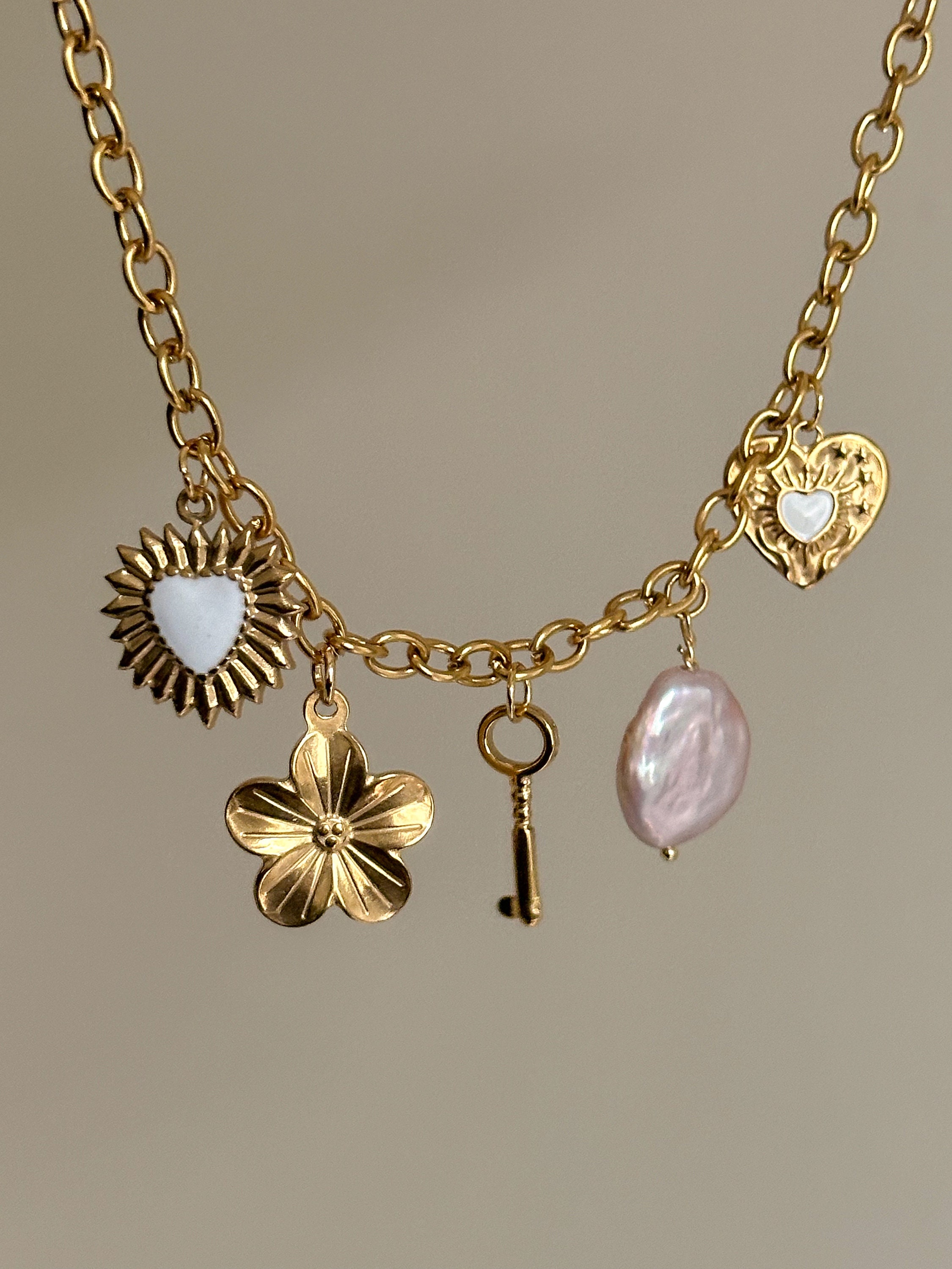 Heart Charm Necklace Stainless Steel Puffed Heart Flower Key