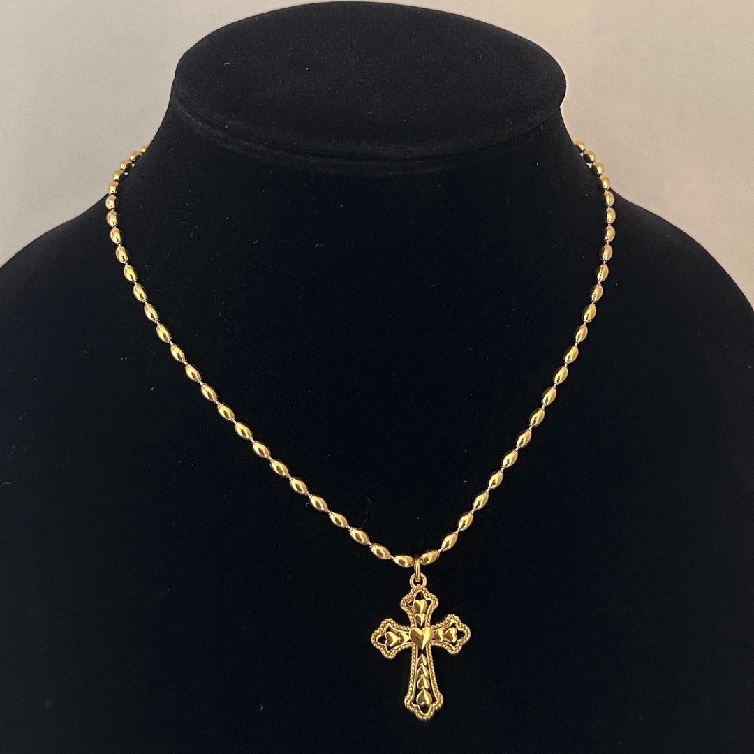 Heart Cross Necklace 18k Gold Stainless Steel Oval Ball Chain Cross