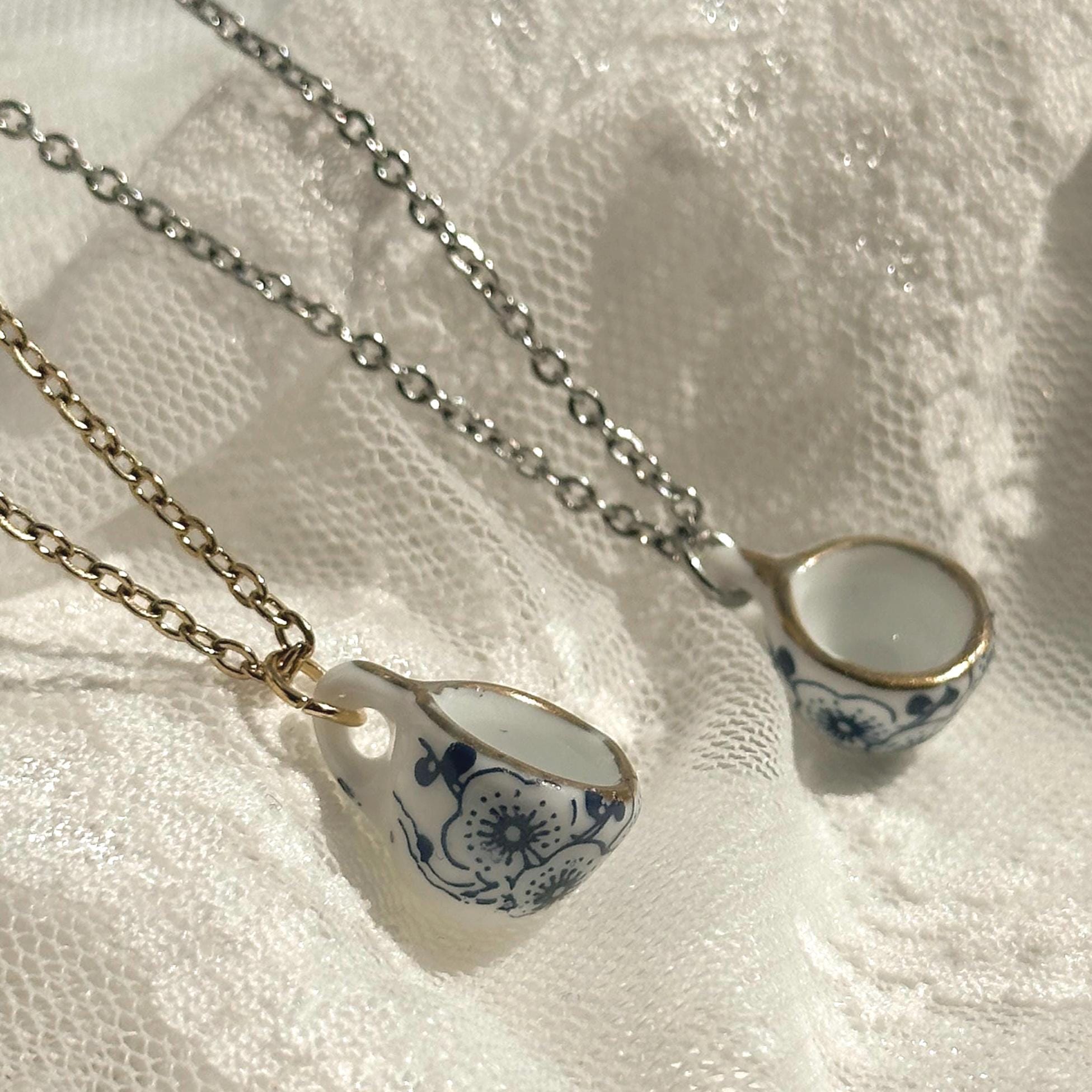 Mini Teacup Necklace Chain Link Teacup Ceramic Style Cup Stainless Steel Dainty Charm Necklace Handmade Custom Gift Layer Jewelry Keachains