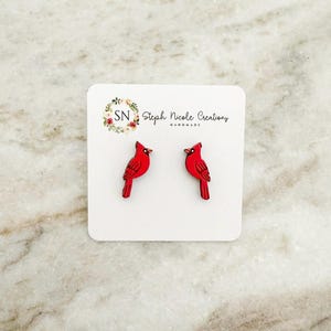Red Cardinal Bird Wood Studs, North Carolina Studs, Bird Earrings