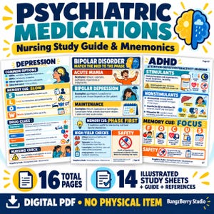 May include: A digital nursing study guide titled Psychiatric Medications featuring three pages covering Depression, Bipolar Disorder, and ADHD. The sheets include mnemonics, drug classifications, safety warnings, and illustrations of brains, pills, and icons for medical reference.