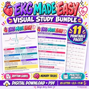Könnte beinhalten: Ein digitales Lernpaket mit dem Titel EKG MADE EASY, das 11 druckbare Seiten im Format 21,6 x 27,9 cm enthält. Das pädagogische PDF umfasst EKG-Rhythmusleitfäden, Merkhilfen, Übungsstreifen und Antwortschlüssel mit Diagrammen von Herzwellen.