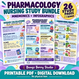 Puede incluir: Un paquete de estudio de farmacología para enfermería con 26 páginas de reglas mnemotécnicas e infografías. La descarga digital incluye secciones sobre cálculos de dosis, memoria farmacológica y medicamentos herbales comunes.