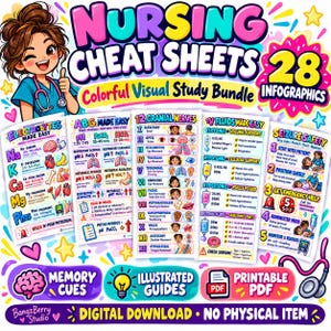 May include: A digital bundle of 28 nursing cheat sheets featuring colorful infographics on electrolytes, ABGs, cranial nerves, IV fluids, and seizure safety. The graphics include medical illustrations, text, and a cartoon nurse character.