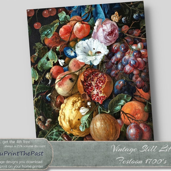 Vintage Dutch Painting to Print. Festoon Bouquet ca 1700's. 8x10" for home printing and framing, or use in crafts, journals, scrapbooks