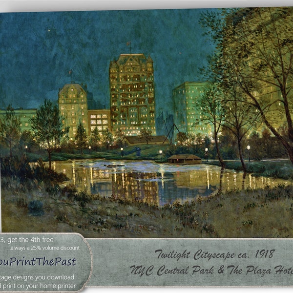 Central Park env. Téléchargement d'art antique de 1918. Art 8,5 x 11" et A4 pour l'impression à domicile, l'encadrement, les journaux, les albums, le découpage, la fabrication de cartes.