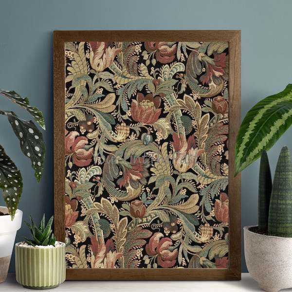 Antique Dark Floral Decorative Paper. Printable Vintage Textile Design sized to print at home. Journals, scrapbooks, invitations, home decor