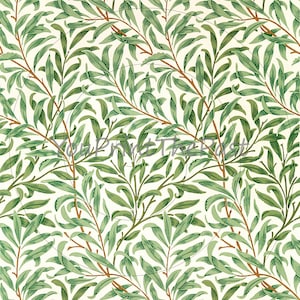 Op de afbeelding: Een herhalend patroon van groene bladeren en takken op een witte achtergrond. De bladeren zijn gestileerd en hebben een licht getextureerd uiterlijk.
