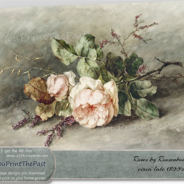 Vintage Dutch Painting to Print. Rose Bouquet by Roosenboom. 8.5x11" for home printing and framing, or use in crafts, journals, scrapbooks