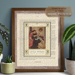 May include: A vintage-style printable art print featuring an illustration of four girls sitting around a table. The print has a brown wooden frame and includes the text "Little Women" by Louisa M. Alcott.