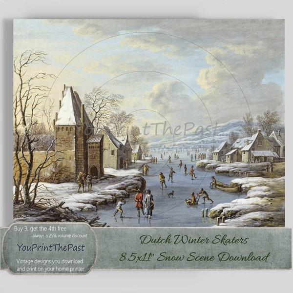 Vintage Dutch Winter Skating Scene. Antique painting to print. 8.5x11" for home printing and framing, or use in crafts, journals, scrapbooks