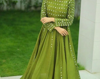 Pakistani Indian party dress | Silk mirror work Anarkali| Punjabi wedding suit | Mehndi green flared Anarkali | Mayo mehndi sangeet outfit