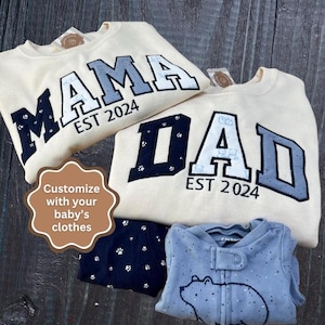 Embroidered Mama and Dad Keepsake Sweatshirts: Matching Parents Gift. Applique Baby's clothes.