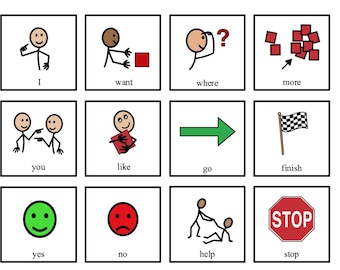 Puede incluir: Un conjunto de doce tarjetas cuadradas con ilustraciones y texto sencillos. Las tarjetas presentan figuras de palo y símbolos que representan conceptos como "Yo", "quiero", "dónde", "más", "tú", "me gusta", "ir", "terminar", "sí", "no", "ayuda" y "parar".