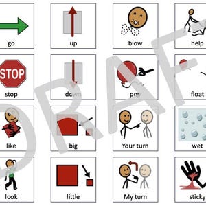 Puede incluir: Un conjunto de 24 tarjetas ilustradas con dibujos sencillos y palabras. Cada tarjeta presenta una palabra o frase, como "ir", "parar", "burbujas" y "diferente". Las tarjetas están diseñadas para la comunicación visual y el desarrollo del lenguaje.