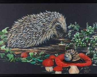 Hedgehog with snail original painting.
