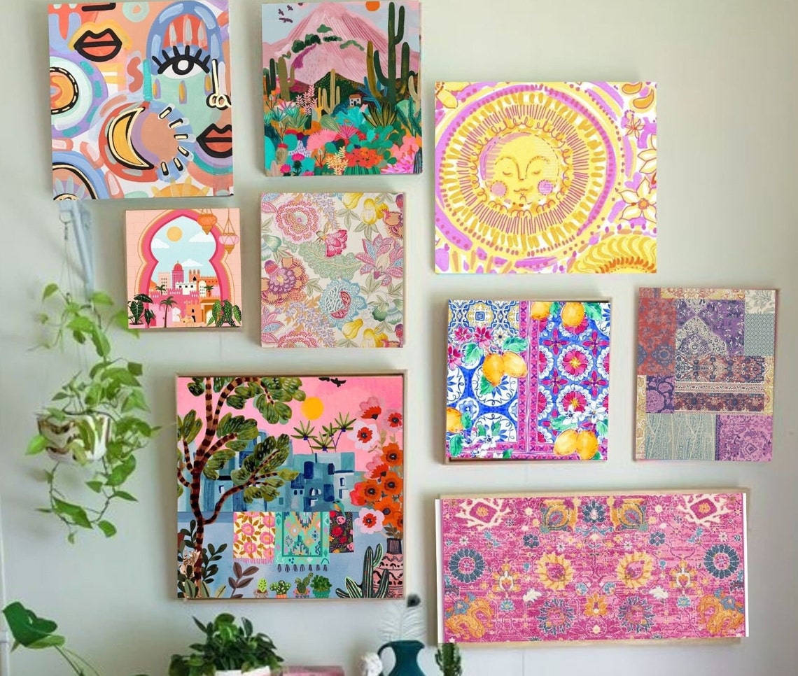 Curated visual reference: Picture Idea: Maximalist Gallery Wall Set Of 9 Pink Yellow Eclectic Decor