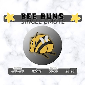 Può includere: Un'ape di cartone animato con una farfalla bianca sulla schiena. L'ape è gialla e nera con un viso sorridente. L'ape è su uno sfondo grigio. "Bee Buns Single Emote" è scritto in nero sopra l'ape.