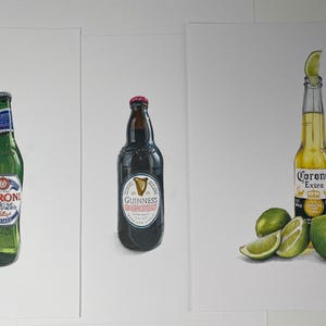 May include: Three beverage bottles are depicted in a realistic painting. A green Peroni bottle, a dark Guinness bottle, and a Corona Extra bottle with a lime wedge on top and limes. The bottles are on a white background.