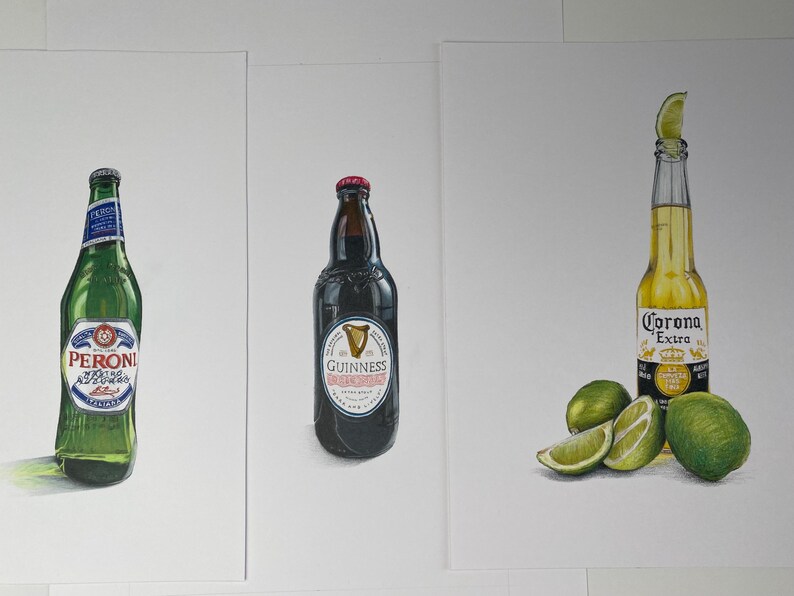 May include: Three beverage bottles are depicted in a realistic painting. A green Peroni bottle, a dark Guinness bottle, and a Corona Extra bottle with a lime wedge on top and limes. The bottles are on a white background.