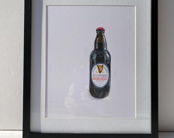 Original Guinness Stout Bottle Drawing, Realistic Coloured Pencil Art