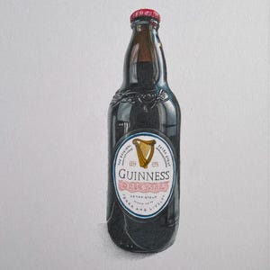 May include: A detailed illustration of a Guinness Original stout bottle. The dark glass bottle has a red cap and a white and blue label with a gold harp logo. The words "Guinness Original" are prominently displayed.