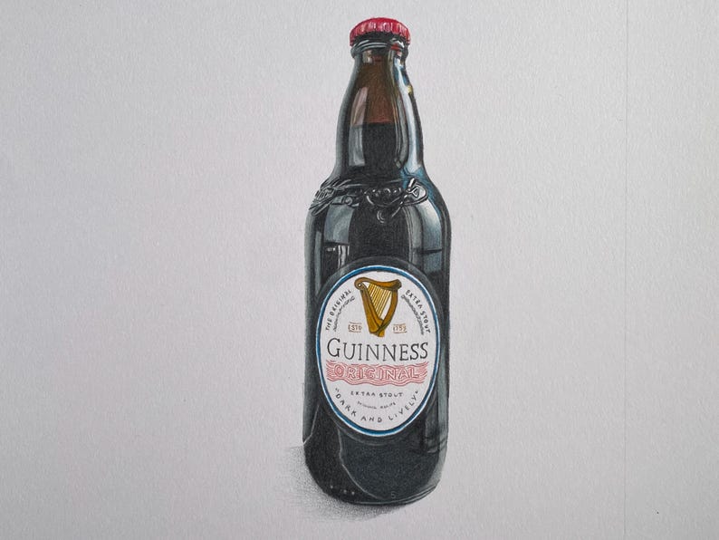 May include: A detailed illustration of a Guinness Original stout bottle. The dark glass bottle has a red cap and a white and blue label with a gold harp logo. The words "Guinness Original" are prominently displayed.