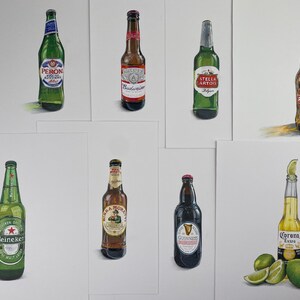 May include: A collection of eight beer bottle illustrations. The bottles include Peroni, Budweiser, Stella Artois, Heineken, and Guinness. Some bottles have labels with text. Limes are next to a Corona bottle.
