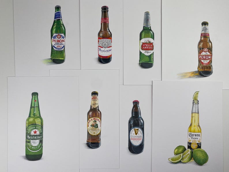 May include: A collection of eight beer bottle illustrations. The bottles include Peroni, Budweiser, Stella Artois, Heineken, and Guinness. Some bottles have labels with text. Limes are next to a Corona bottle.