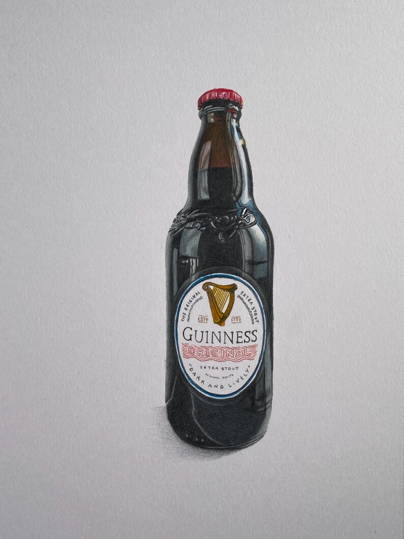 May include: A dark brown Guinness Original stout beer bottle with a red cap. The label features a gold harp and the text "Guinness Original Extra Stout Dark and Lively."