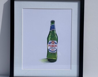 Original Peroni Beer Bottle Drawing, Realistic Coloured Pencil Art