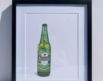 Original Heineken Beer Bottle Drawing, Realistic Coloured Pencil Art
