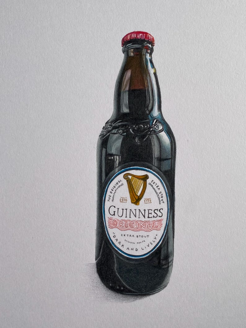 May include: A dark brown Guinness Original stout beer bottle with a red cap. The label features a gold harp and the words "Guinness Original Extra Stout". The text "Dark and Lively" is also visible.