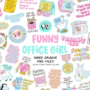 May include: A selection of hand-drawn PNG files with a "Funny Office Girl" theme, featuring various stickers. The image includes text such as "Born to Yap, Forced to Work" and "Multiple Drinks on My Desk Club". The files are available for download.