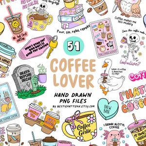 Pacchetto PNG di caffè, citazioni sul caffè, detti, sublimazione, clipart di caffè, adesivo carino per caffè freddo, divertente, amante del caffè, ragazza, civetta del caffè femminile