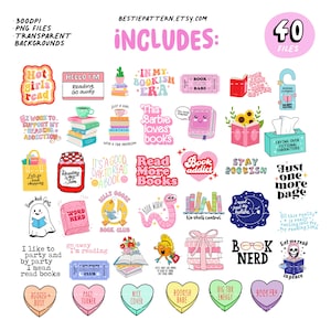 May include: A collection of 40 digital files with various book-themed designs. The designs include phrases like "Hot girls read," "Book Nerd," and "Read More Books." The color palette is bright and playful, with pinks, yellows, and blues. The text "BESTIEPATTERN.ETSY.COM" is also visible.